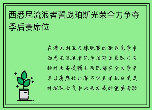 西悉尼流浪者誓战珀斯光荣全力争夺季后赛席位