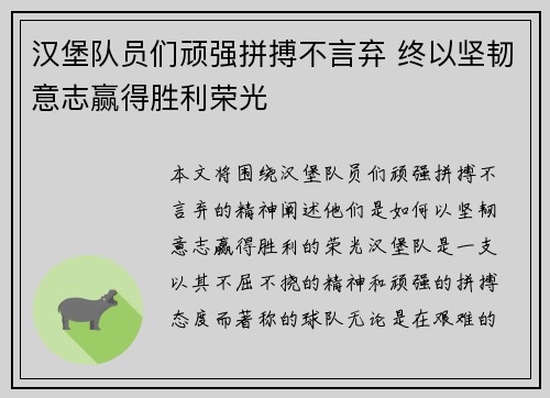 汉堡队员们顽强拼搏不言弃 终以坚韧意志赢得胜利荣光
