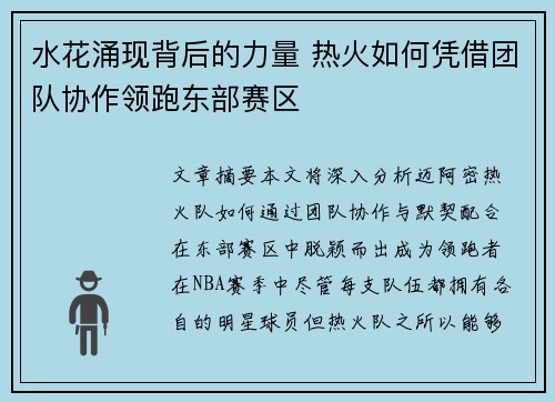 水花涌现背后的力量 热火如何凭借团队协作领跑东部赛区