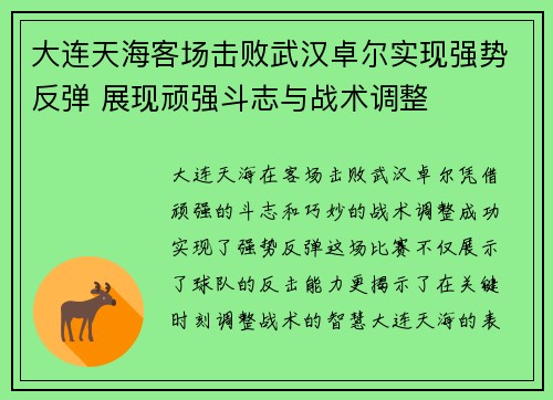 大连天海客场击败武汉卓尔实现强势反弹 展现顽强斗志与战术调整