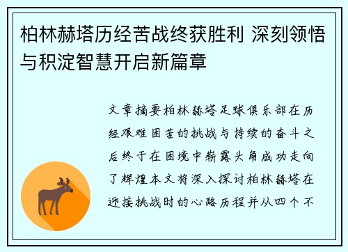 柏林赫塔历经苦战终获胜利 深刻领悟与积淀智慧开启新篇章