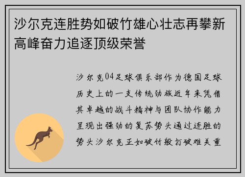 沙尔克连胜势如破竹雄心壮志再攀新高峰奋力追逐顶级荣誉