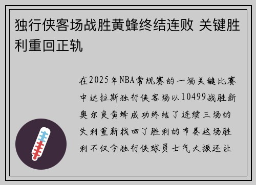 独行侠客场战胜黄蜂终结连败 关键胜利重回正轨