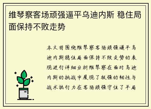 维琴察客场顽强逼平乌迪内斯 稳住局面保持不败走势