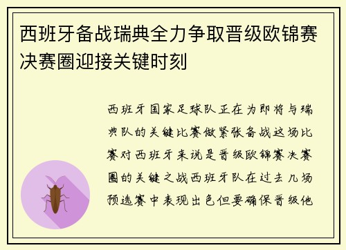 西班牙备战瑞典全力争取晋级欧锦赛决赛圈迎接关键时刻